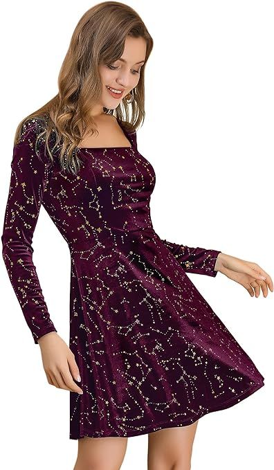 Allegra K Women's Stars Velvet Square Neck Vintage Mini Dress | Amazon (US)