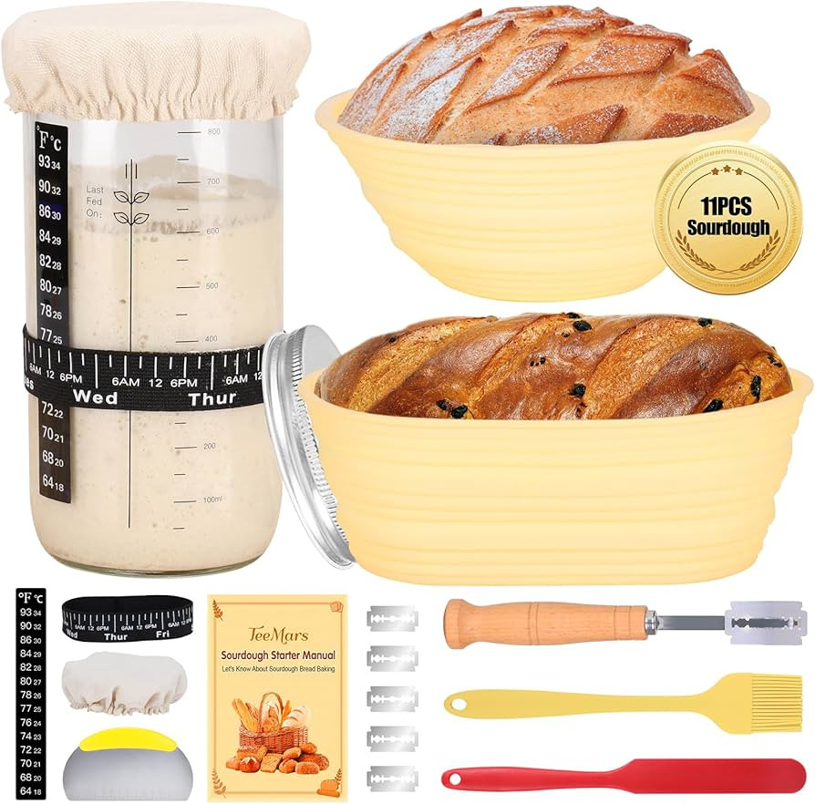 Sourdough Starter Kit, 34oz Sourdough Starter Jar, 2 Bread Proofing Baskets, Thermometer, Feeding... | Amazon (US)