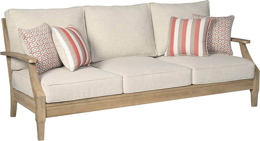 Signature Design by Ashley Clare View Coastal Outdoor Patio Eucalyptus Sofa with Cushions, Beige | Amazon (US)