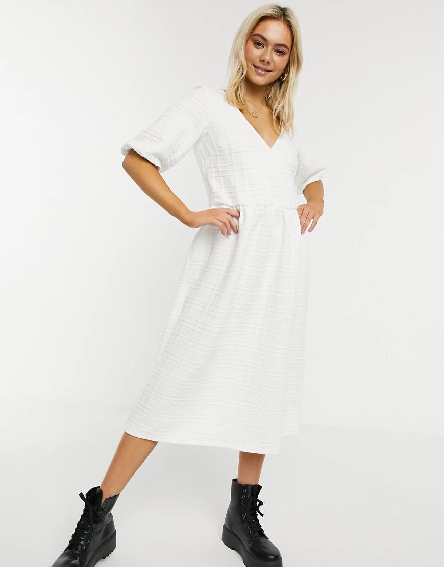 ASOS DESIGN midi quilted dress with puff sleeve in ivory-White | ASOS (Global)