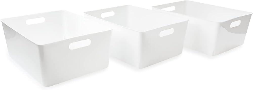 Isaac Jacobs 3-Pack XL White Storage Bin (13.9” x 10.6” x 5.75”) Set w/Cut-Out Handles, Pla... | Amazon (US)