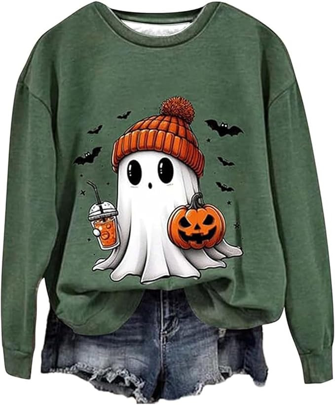 Ghost Sweatshirts for Women 2024 Halloween Sweater Cute Graphic Pullover Oversized Sweatshirt Tre... | Amazon (CA)
