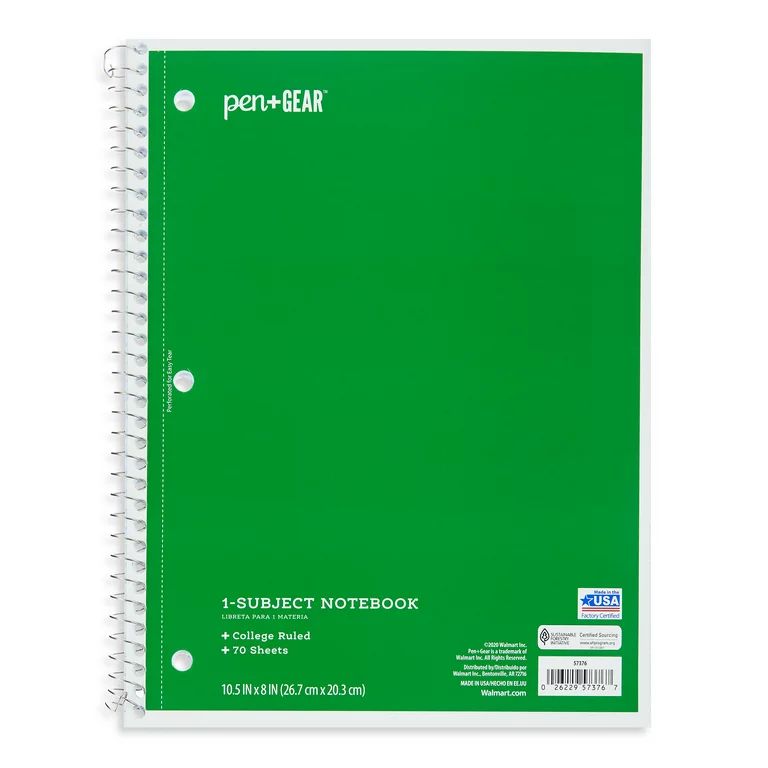 Pen+Gear College Rule 1-Subject Notebook, 10.5" x 8", Green, 70 Sheets | Walmart (US)