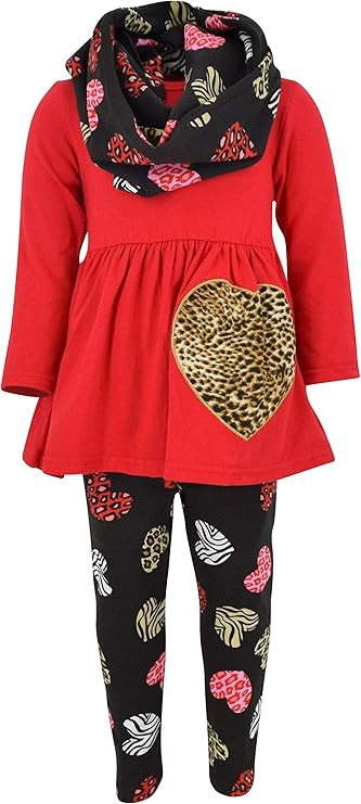 Unique Baby Girls Kids Toddler 3pc Outfit Set Long Sleeve Cotton Blend Tunic Top Leggings and Sca... | Amazon (US)