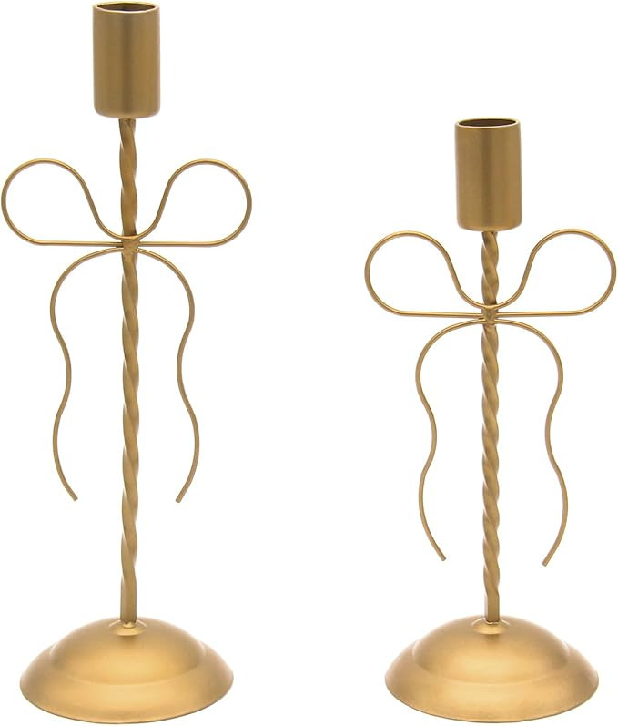 2 Sets Gold Candlestick Holders Taper Candle Holders, Vintage Brass Tall Candlesticks with Bows f... | Amazon (US)