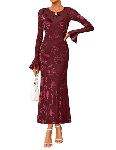 ZESICA Women's 2025 Bell Long Sleeve Floral Maxi Dress Fall Fashion Bodycon Mesh Wedding Guest Co... | Amazon (US)