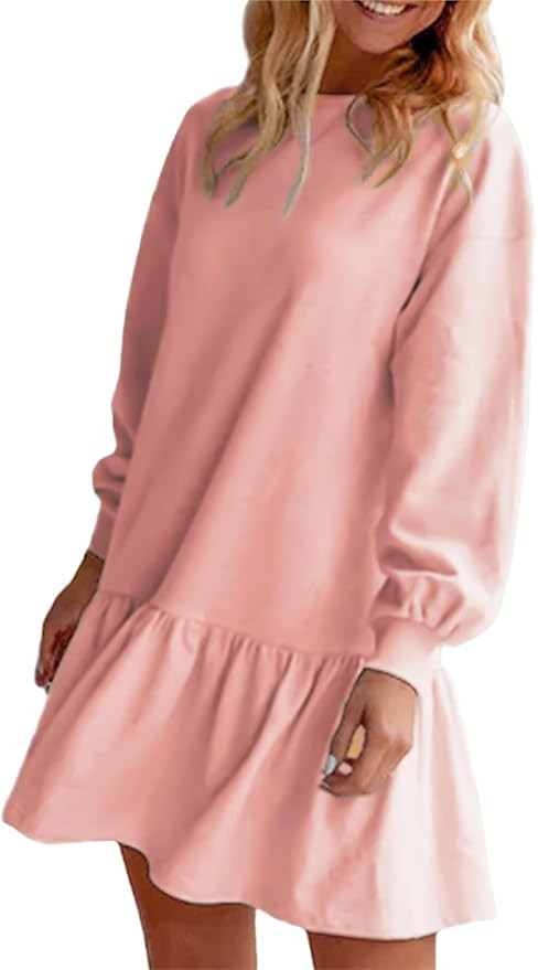 HOULENGS Women's Casual Crew Neck Pullover Sweatshirt Dress Long Sleeve Ruffled Sweatshirt Mini D... | Amazon (US)