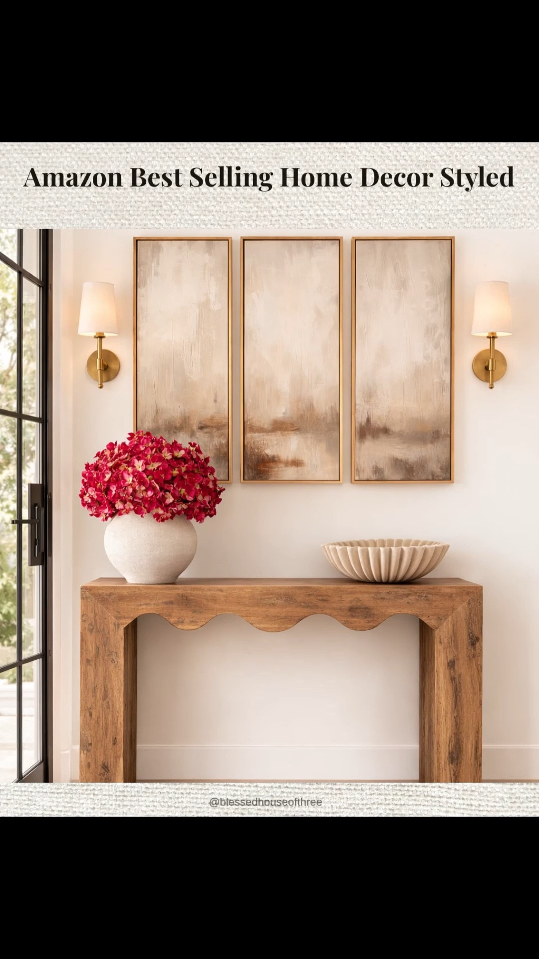 Amazon best selling home decor styled together for an easy console table look. This neutral entryway styling uses some of the most loved Amazon home decor finds including a scalloped bowl, textured vase, wall sconces, and modern console table. If you’re looking for affordable home decor that looks high end, these Amazon best sellers are some of my favorite pieces to style in my home. This scallop console is perfect for entryways or behind sofa. Follow me on LTK for daily fashion, home decor and Amazon finds.

#LTKHome #LTKSaleAlert