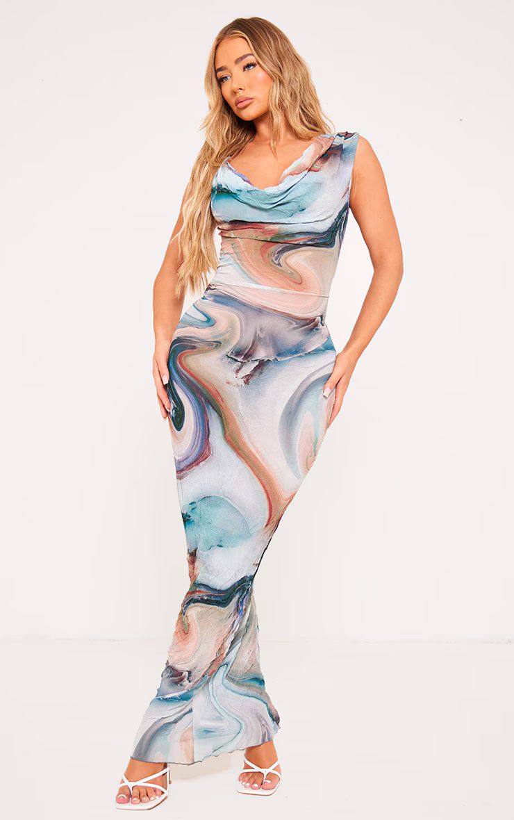 Multi Printed Crinkle Mesh Cowl Neck Midi Dress | PrettyLittleThing US