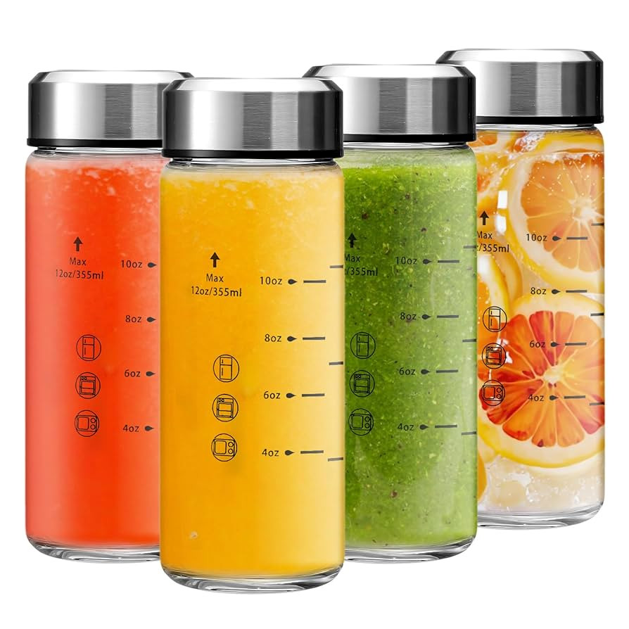 12oz Juice Bottles - 4 Pack Wide Mouth Glass Bottles with Lids- BPA Free, Stainless Steel Lids fo... | Amazon (US)