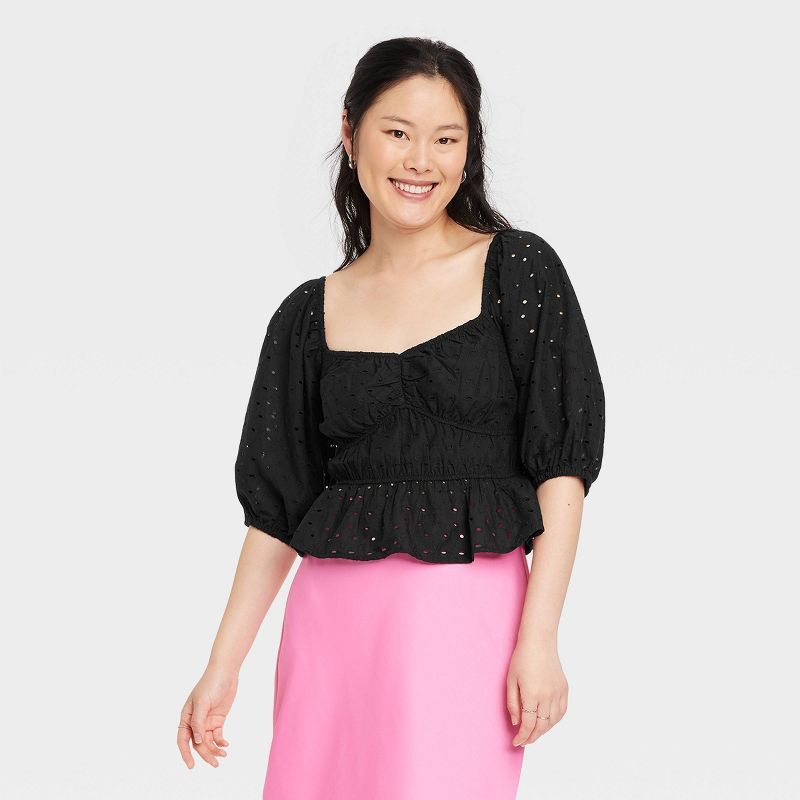 Women's Puff Elbow Sleeve Eyelet Shirt - A New Day™ | Target