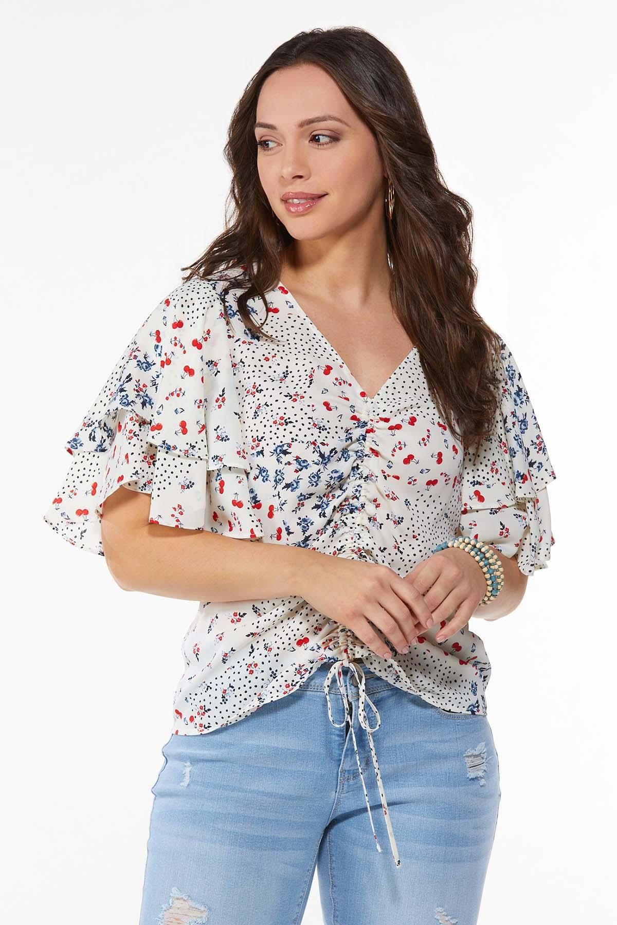 Ruched Cherry Floral Top | Cato Fashions
