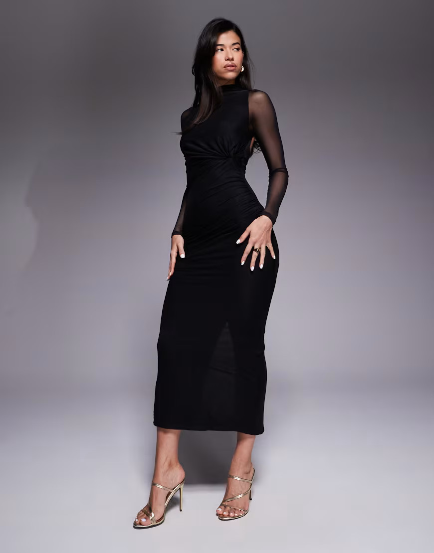 ASOS DESIGN mesh twist bust detail halter maxi dress with tie back neck in black | ASOS (Global)