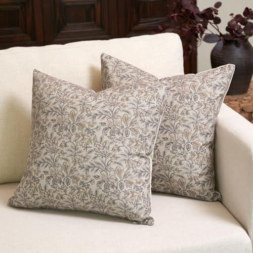 Amor Virisso Floral Throw Pillow Covers 18x18 Set of 2 Vintage Block Print Pillow Covers Decorative Pillow Covers Couch Pillows for Living Room Farmhouse Accent Sofa Pillows, Yellow/Sand | Amazon (US)