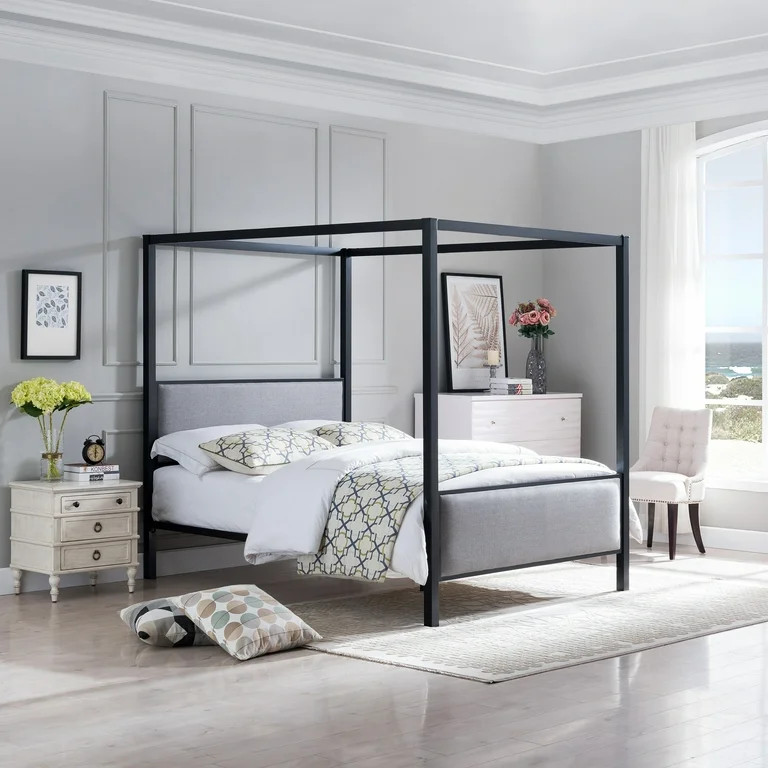 Kama Traditional Fabric Canopy Queen Bed with Iron Frame, Gray and Flat Black | Walmart (US)