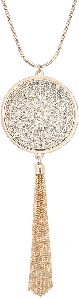 Long Necklaces For Woman Disk Circle Pendant Necklaces Tassel Fringe Necklace Set Statement Pendant | Amazon (US)