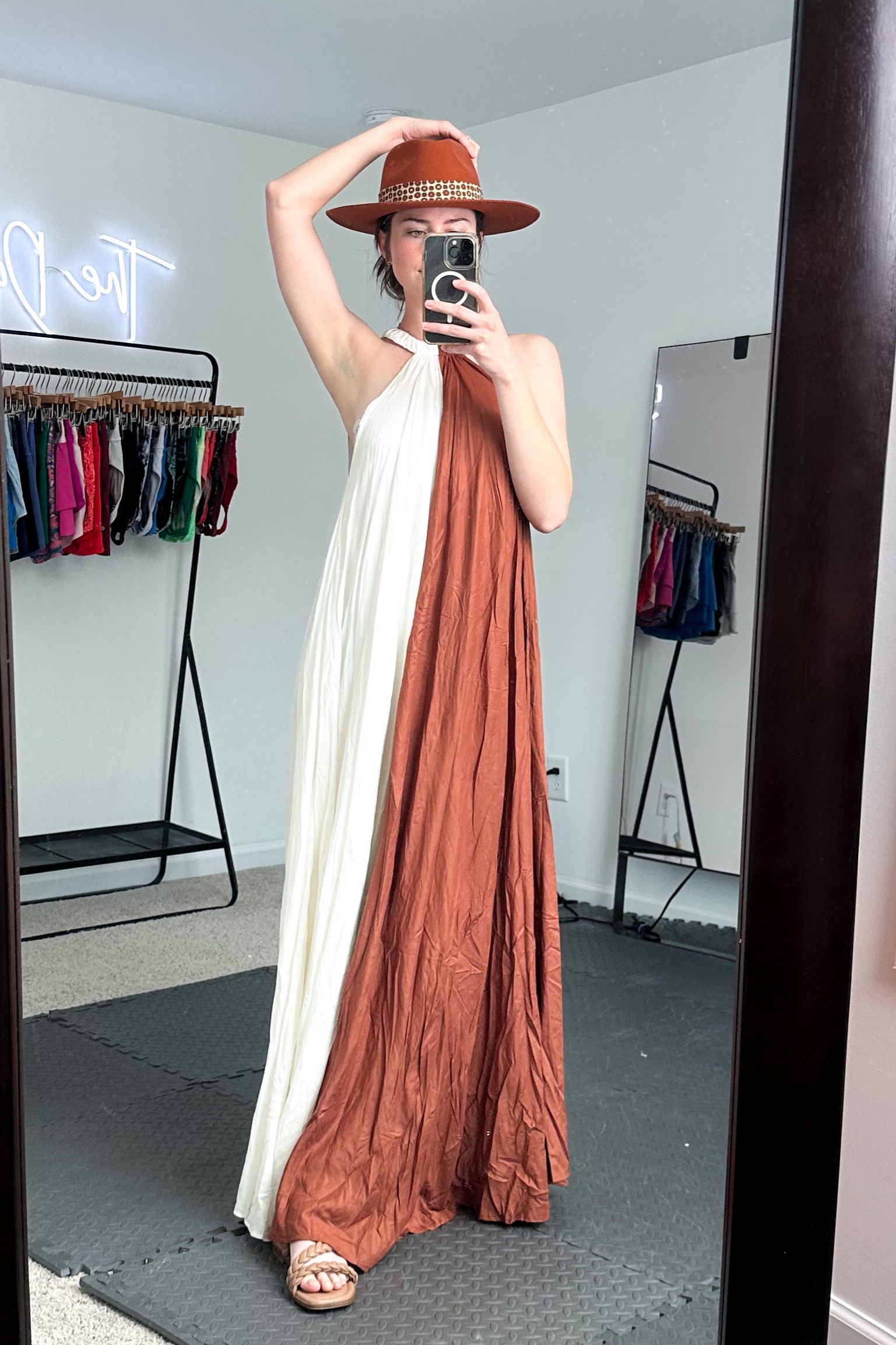 slim fit dress slacks Halter Color Block Maxi Pleated Dress: Olive Multi Small main image 1