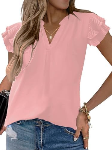 Sucolan Women's Summer Tops Dressy Casual Notch V Neck Ruffle Short Sleeve Flowy Shirts Cute Blou... | Amazon (US)