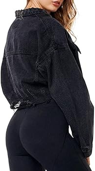 LONGYIDA Women's Jean Jacket Cropped Distressed Denim Jacket Long Sleeve Button Down Jean Jacket ... | Amazon (US)