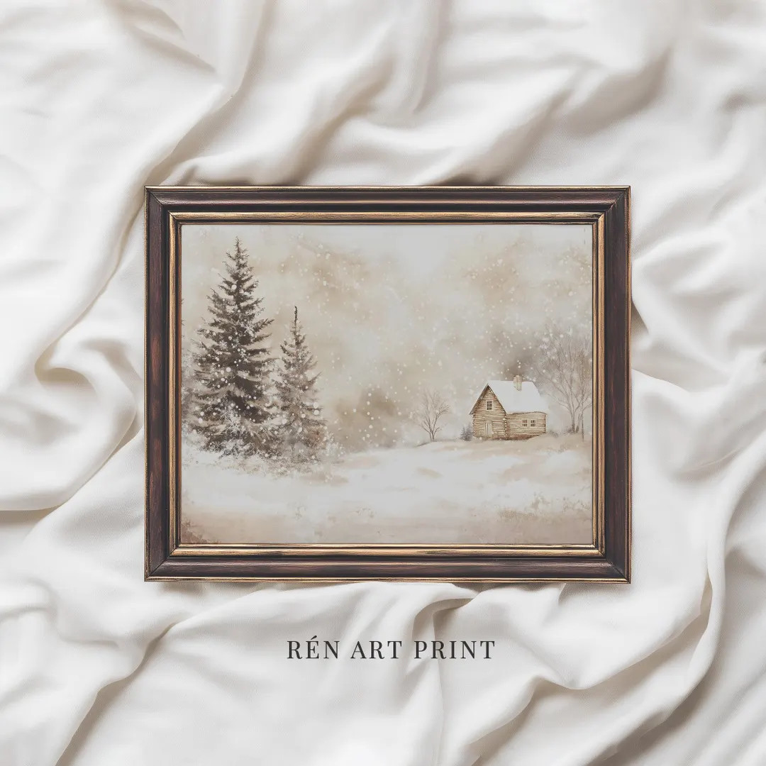 Neutral Winter Printable | Vintage Christmas Wall Art | Winter Cabin Print | Beige Christmas Prin... | Etsy (US)