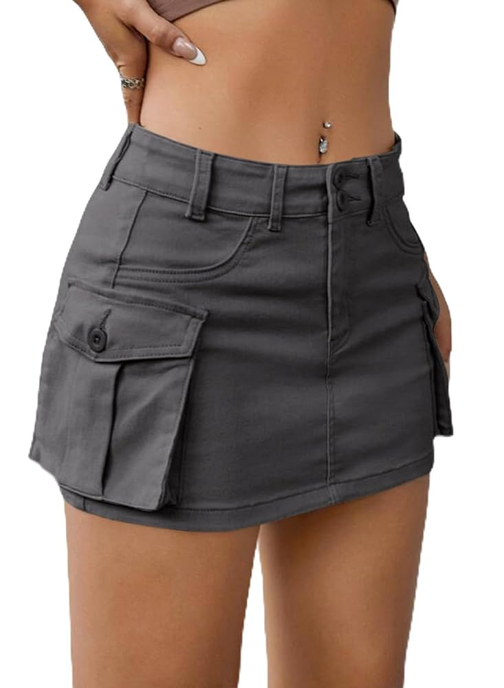 EARKOHA Women's Mini Cargo Skirt Y2K Low Waist Button Short Bodycon Denim Jean With Flap Pockets | Amazon (US)
