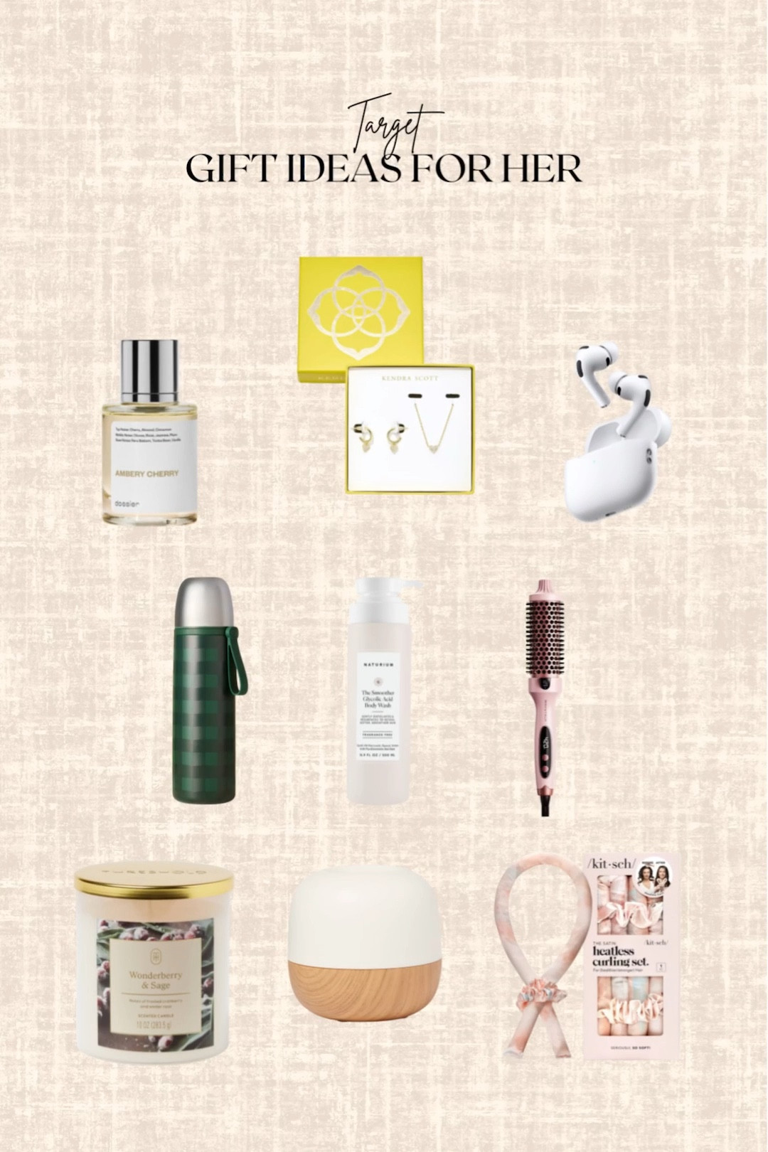 Target Gift Ideas for Her! 

Necklace, earrings, perfume, AirPods, thermos, thermal brush, body wash, heartless curl set, diffuser, candle

#LTKBeauty #LTKGiftGuide #LTKselfcare