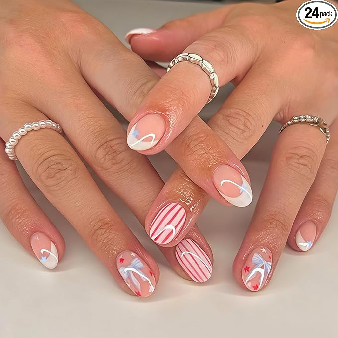 4th of July Press on Nails White French Tip Fake Nails Medium Oval False Nail with Designs Stripe... | Amazon (US)