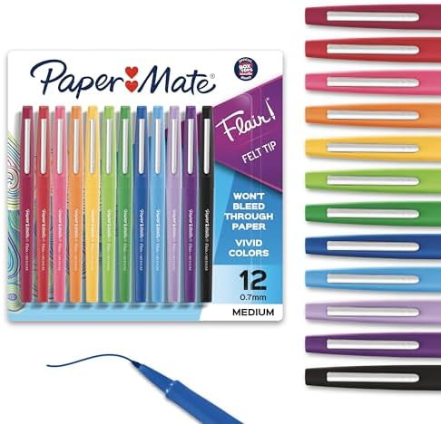 Paper Mate Flair Felt Tip Pens, Medium Point (0.7mm), Assorted Colors, 12 Count - For Arts & Craf... | Amazon (US)