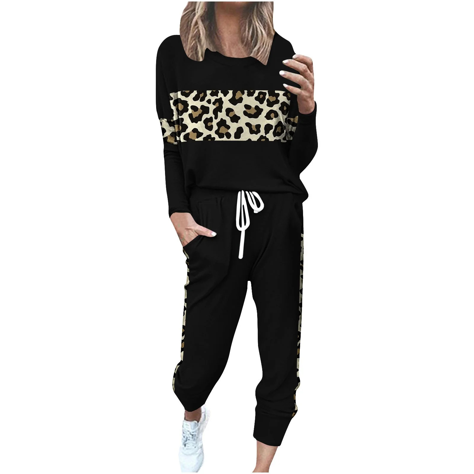 zfwon 2 Piece Sweatsuit Women Leopard Print/Solid Colour Long Sleeve Crewneck Tops & High Waist J... | Walmart (US)