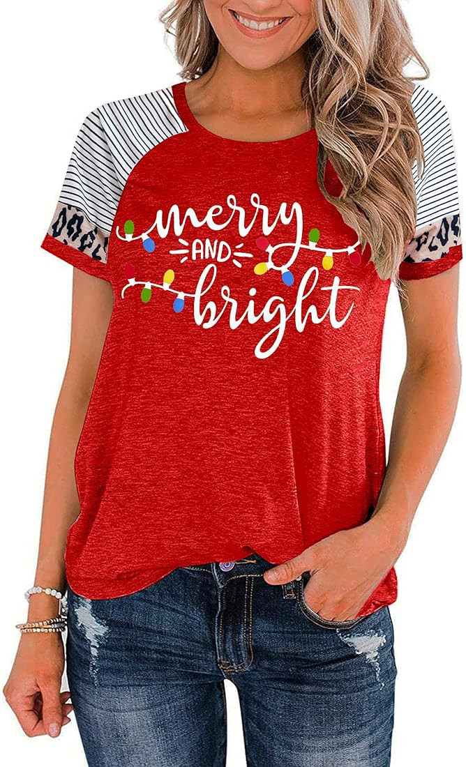 Christmas Shirt for Women Merry and Bright T-Shirt Xmas Leopard Printed Shirts Holiday Tee Tops | Amazon (US)