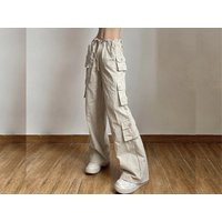 Light Khaki Low Rise Baggy Cargo Pants, Y2K Vintage Drawstring Pants, Parachute Cargo Pants Oversize | Etsy (US)