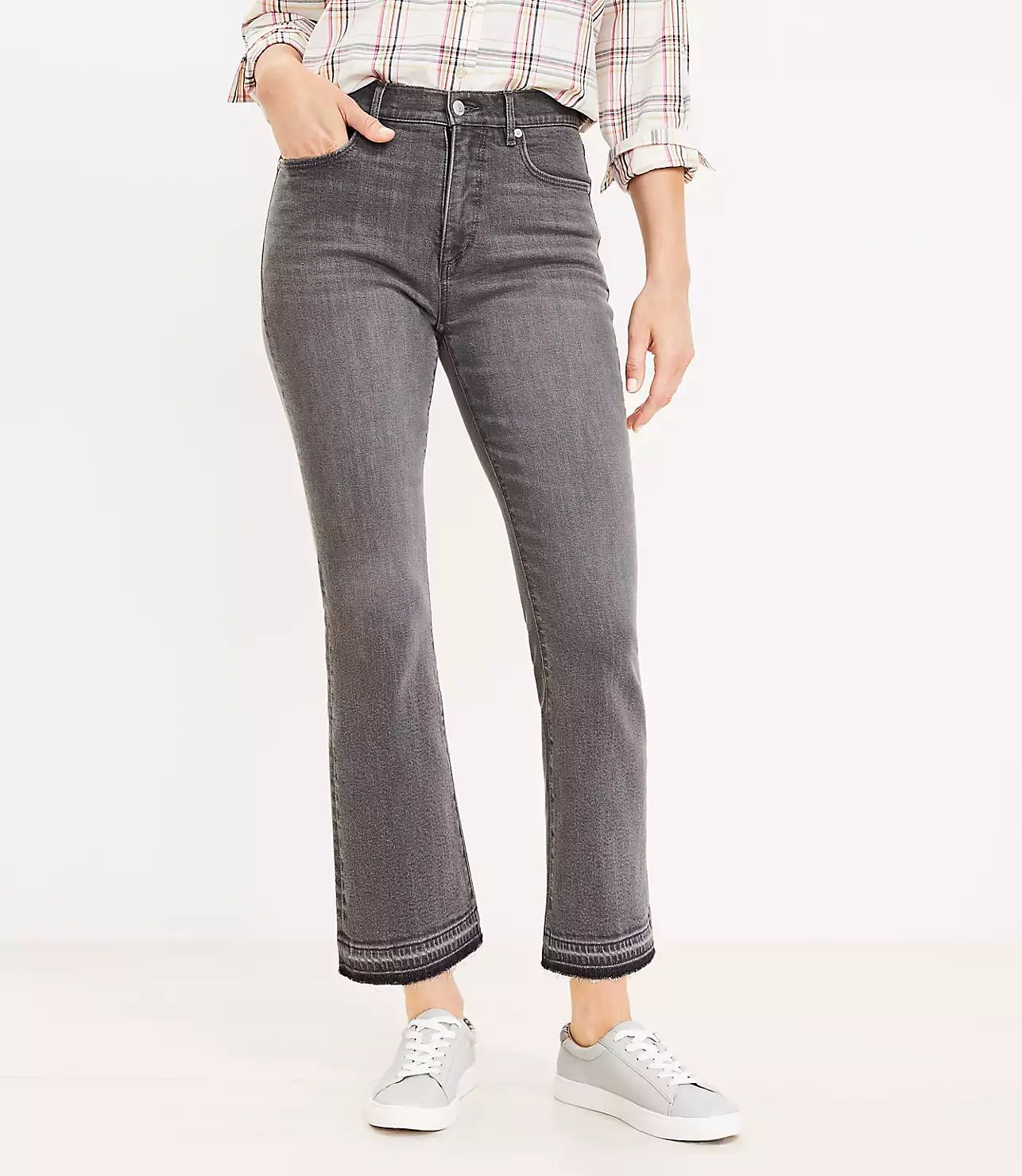 Let Down Hem High Rise Kick Crop Jeans in Light Grey Wash | LOFT