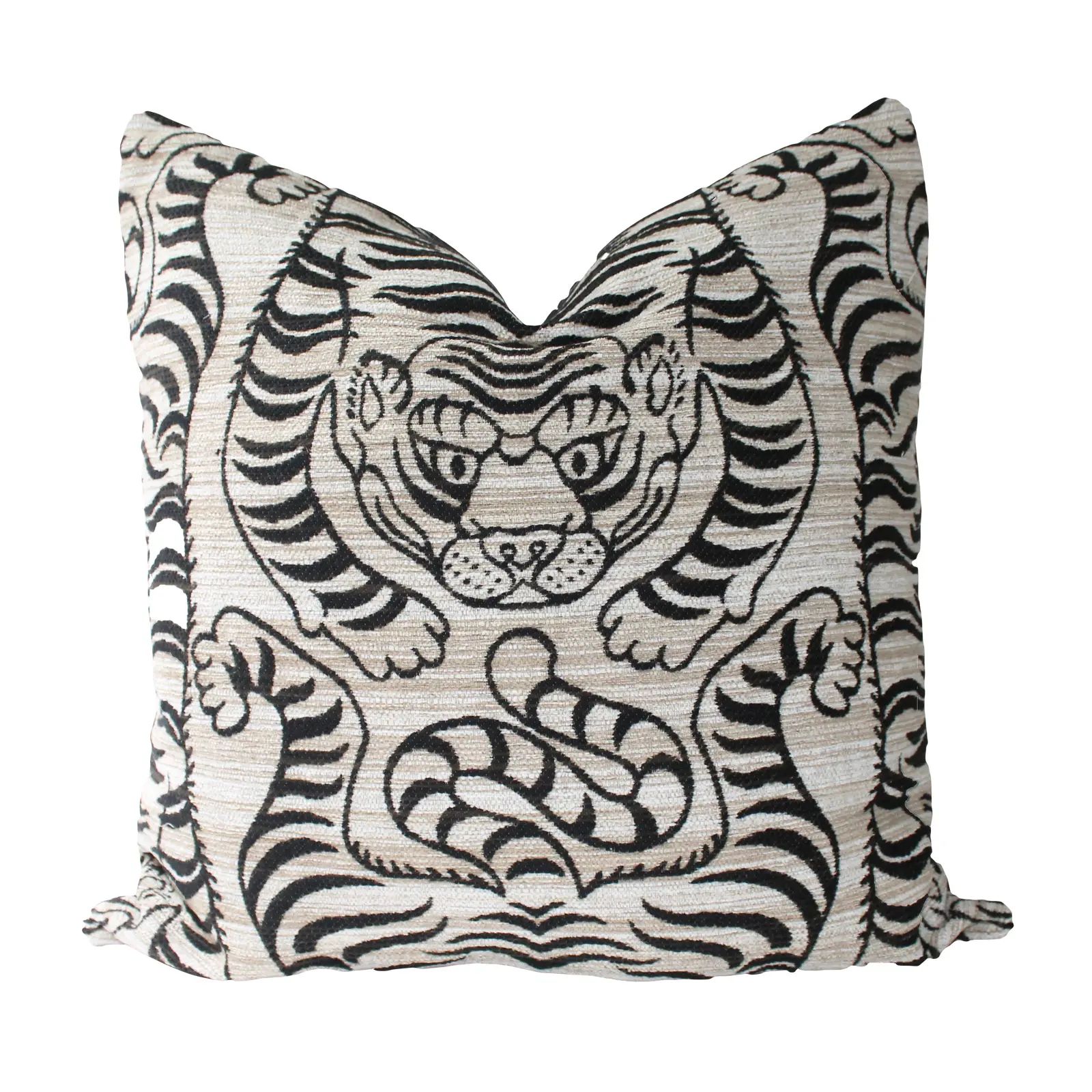 Chinoiserie Tibetan Tiger Chenille Beige and Black Pillow - 24" | Chairish