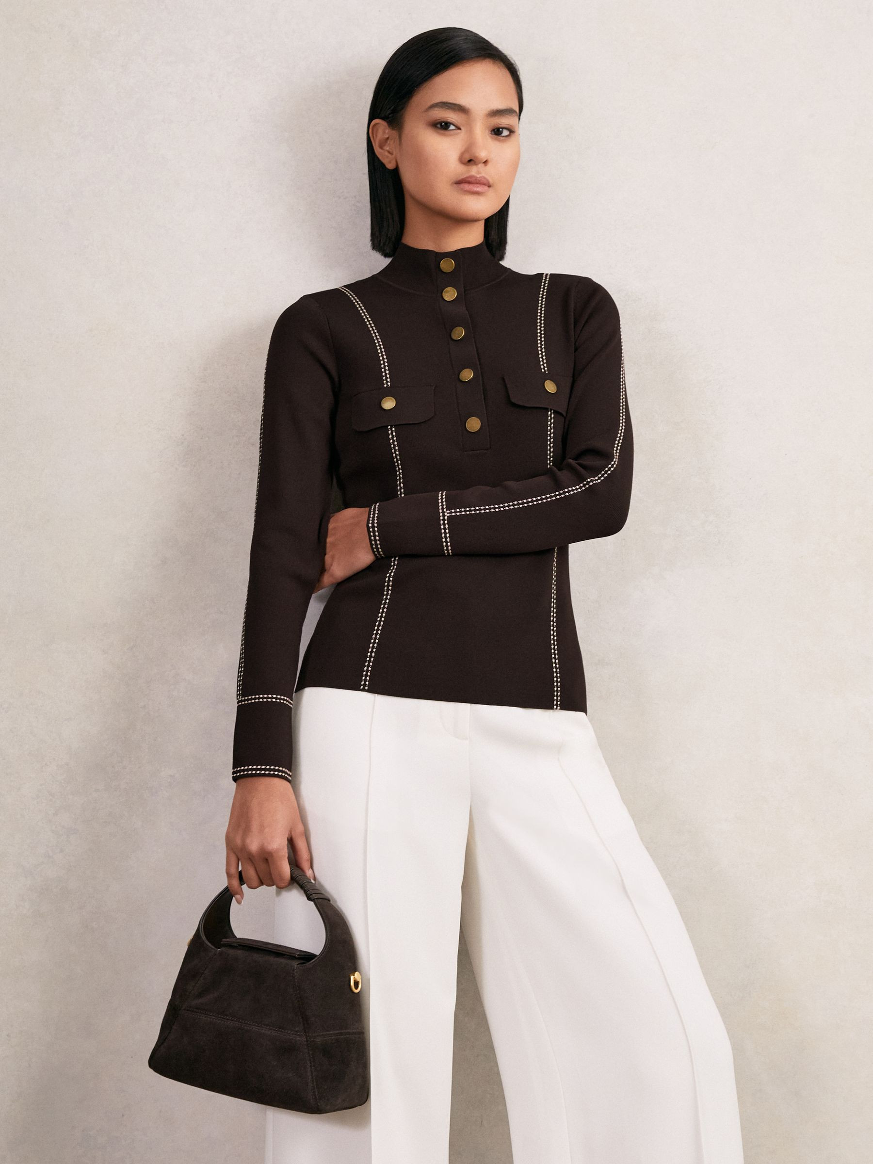 Reiss Contrast-Stitch Knit Top in Burgundy | REISS | Reiss US