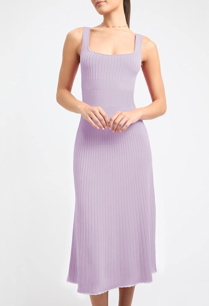 Pink Queen Women's Square Neck Tank Sleeveless High Waisted Bodycon Flared Swing Ribbed Knit Midi Dr | Amazon (US)