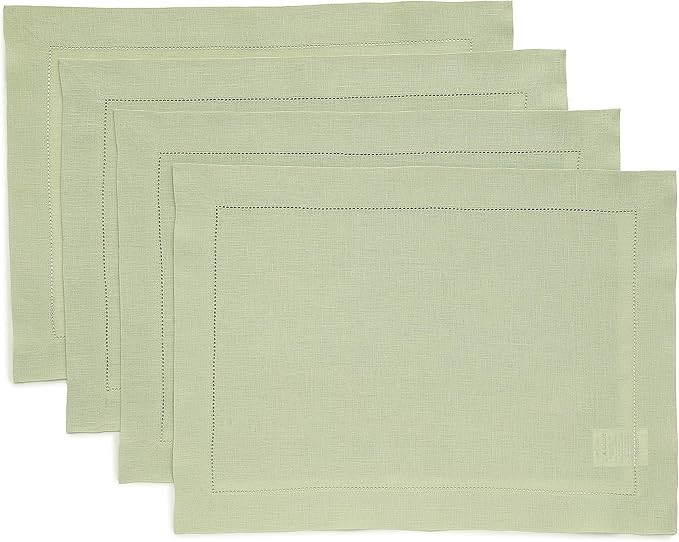 Solino Home Linen Placemats Set of 4 - Classic Hemstitch Sage Green Placemats 14 x 19 Inch - 100%... | Amazon (US)