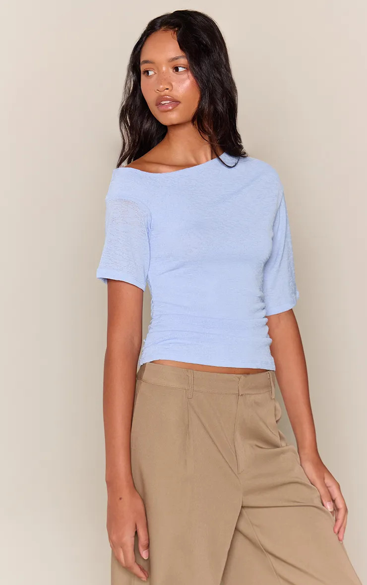 Blue Textured Burnout Slouchy One Shoulder T- Shirt | PrettyLittleThing US