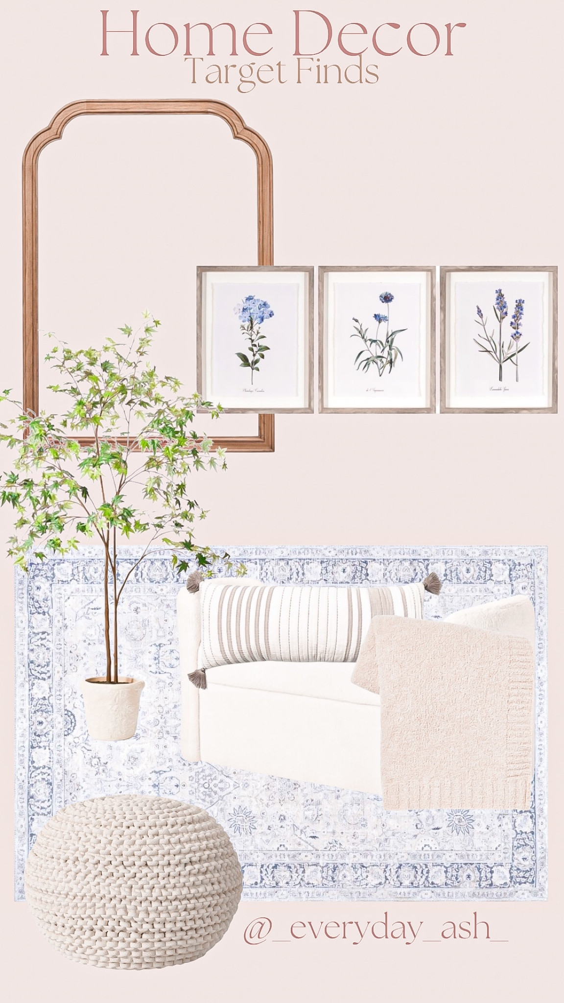 Target home decor ☺️🤍

Perfect for home office or sitting area 💙

Target is currently having a sale! Shop this look and more to spruce up your home for spring 🌸

Area rug, target finds, throw blanket, cozy home, office space, tree, plant, bench, chair, puff sit, cream decor, neutral home decor, wall art, blue home decor, wall mirror, full length mirror, interior design 

#LTKhome #LTKfamily #LTKstyletip