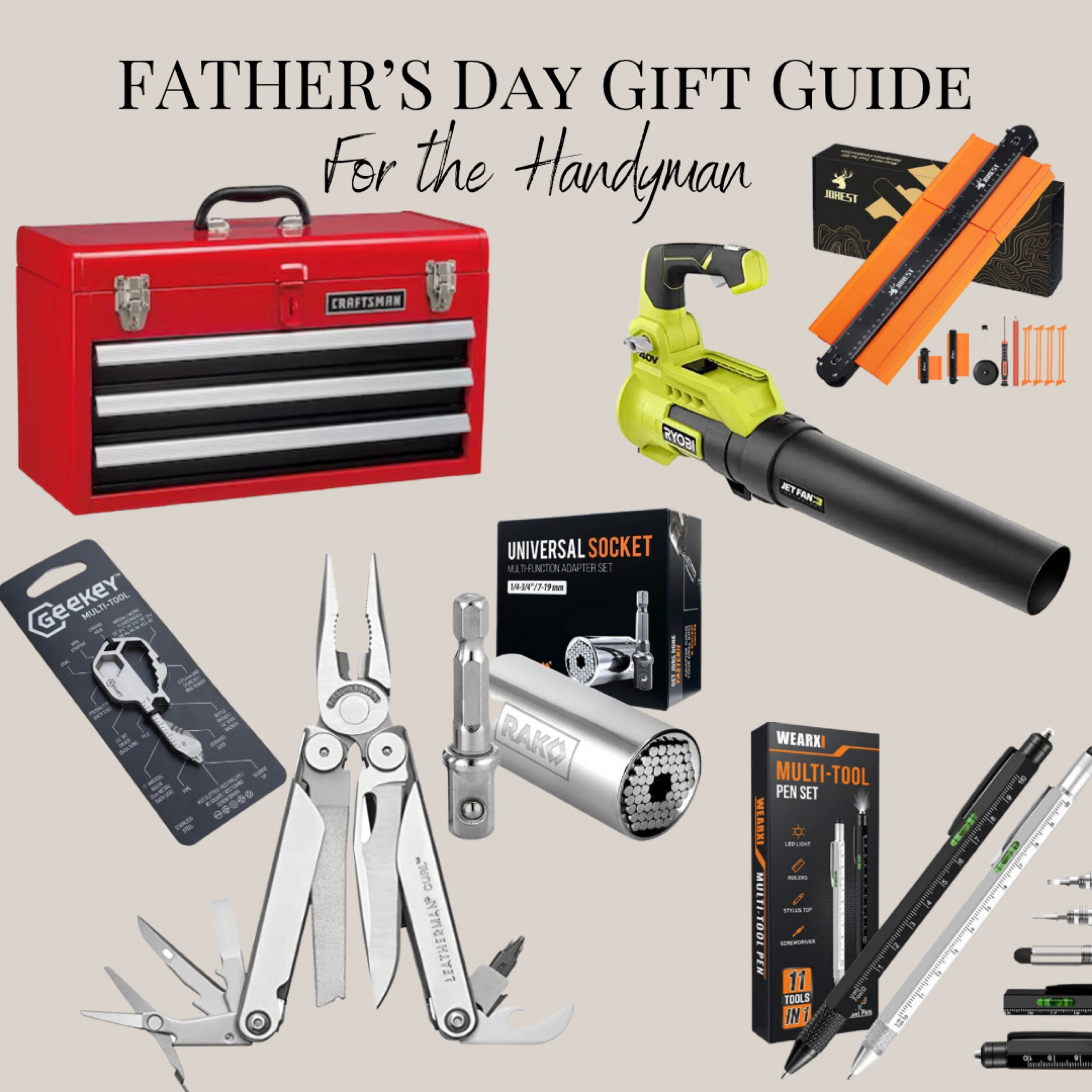 Fathers Day Gift Guide: for the handyman!
A fun idea would be grabbing a 5 gallon bucket (or a toolbox) and adding in some of these tools! 


#fathersday #fathersdaygiftguide #giftsforhim #toolkit #giftsfordad 

#LTKmens #LTKunder100 #LTKGiftGuide
