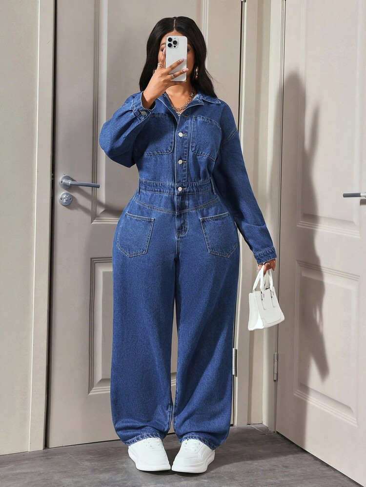 Slaydiva Plus Size Women's Long Sleeve Button Half Placket Casual Pocket Wide Leg Denim Jumpsuit | SHEIN