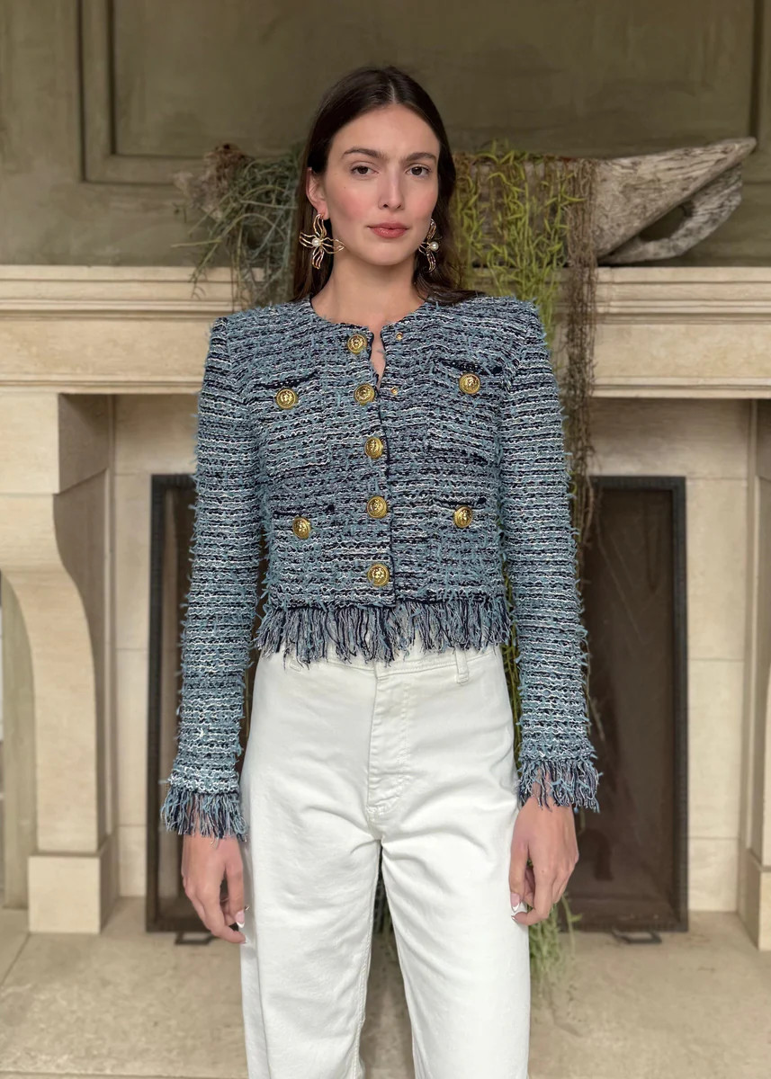 Justine Blue and Navy Fringe Cropped Cardigan Jacket | Benaar La