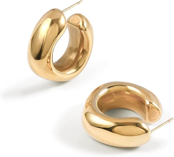 Chunky Gold Hoops Earrings for Women Thick 18K Real Gold Plated Open Hoop Lightweight | Amazon (US)