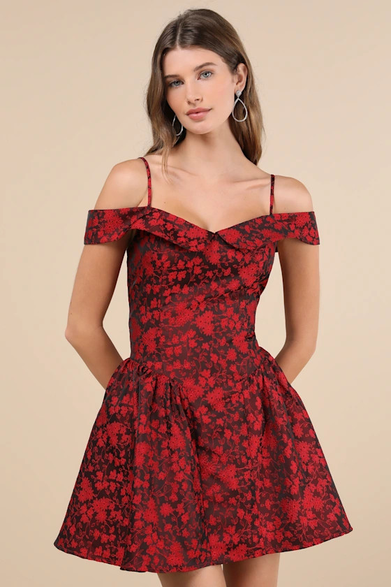 Flirty Enticement Red Jacquard Off-the-Shoulder Mini Dress | Lulus