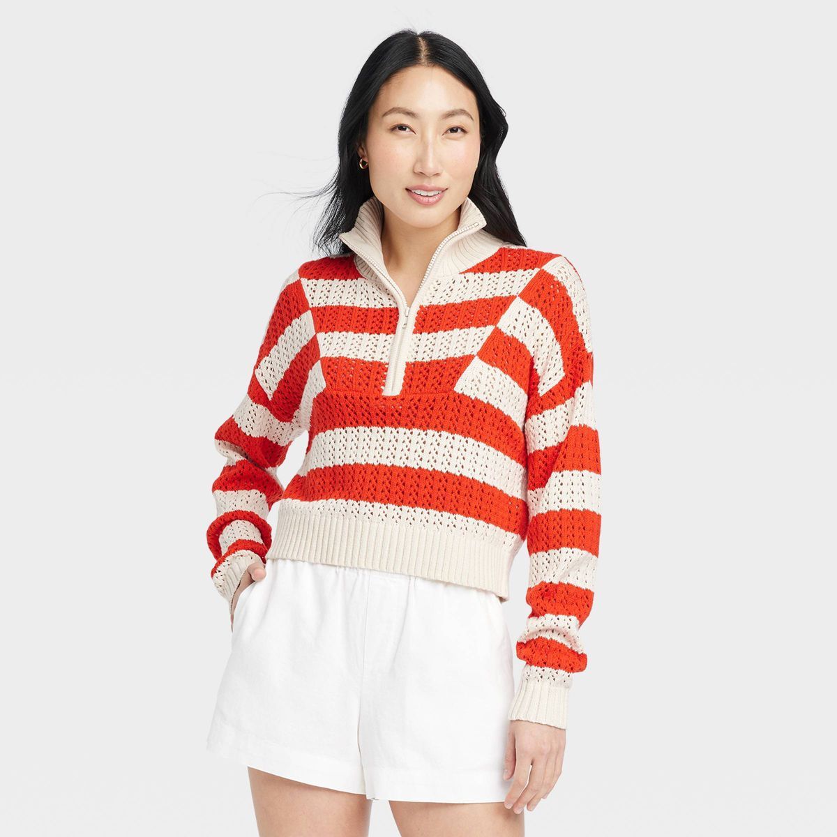 Women's Quarter Zip Mock Turtleneck Pullover Sweater - A New Day™ Black/White Striped L | Target