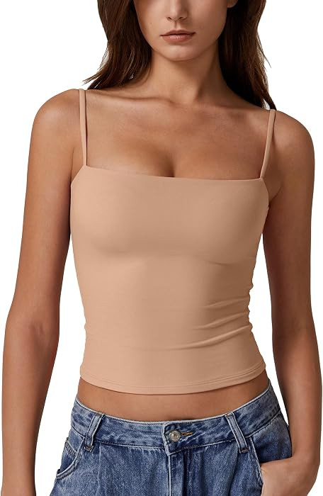 QINSEN Women's Double Lined Basic Tank Top Adjustable Spaghetti Straps Sleeveless Camisole Shirts | Amazon (US)