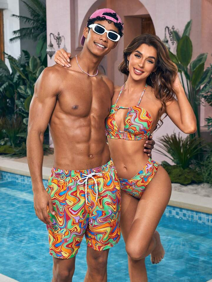 Manfinity Swimmode Men's All Over Printed Drawstring Elastic Waist Beach Shorts With Slanted Pock... | SHEIN