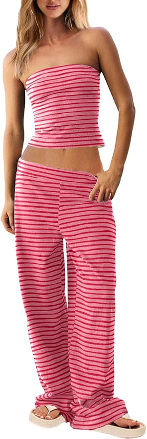UNIANKIYA Womens Two Piece Striped Lounge Set Strapless Tube Top and Pant Matching Set Summer Bea... | Amazon (US)