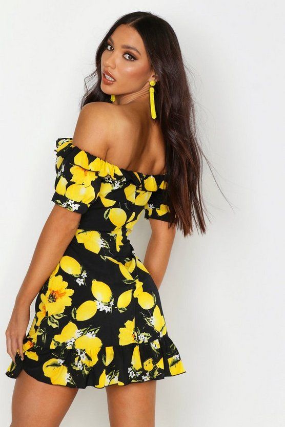 Off The Shoulder Lemon Print Mini Dress | Boohoo.com (US & CA)