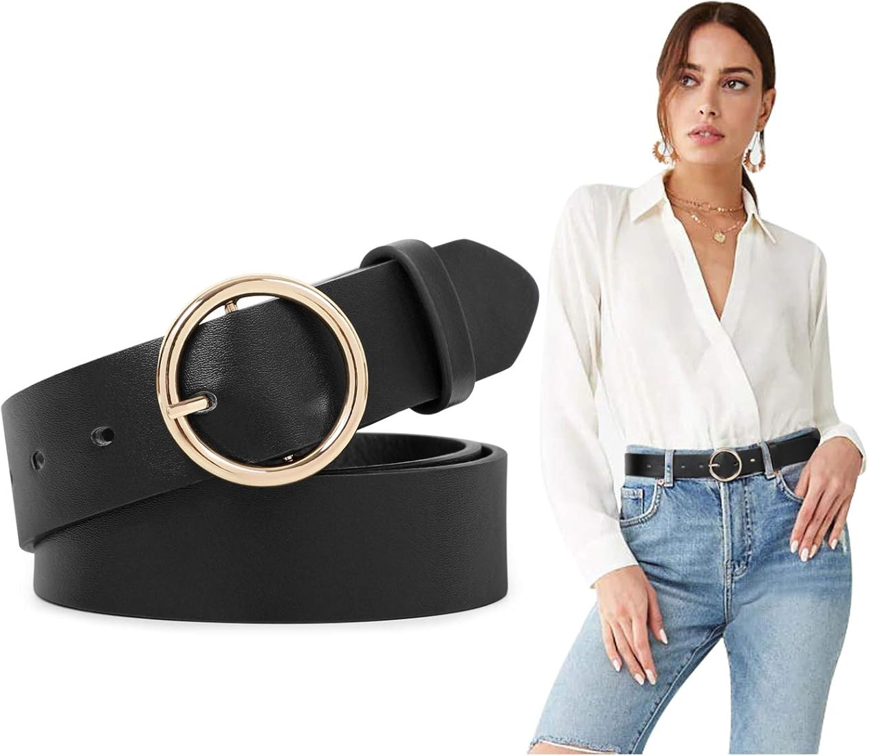 Women Leather Belts SUOSDEY Fashion Soft Faux Leather Jeans Belts with O-Ring Buckle | Amazon (US)