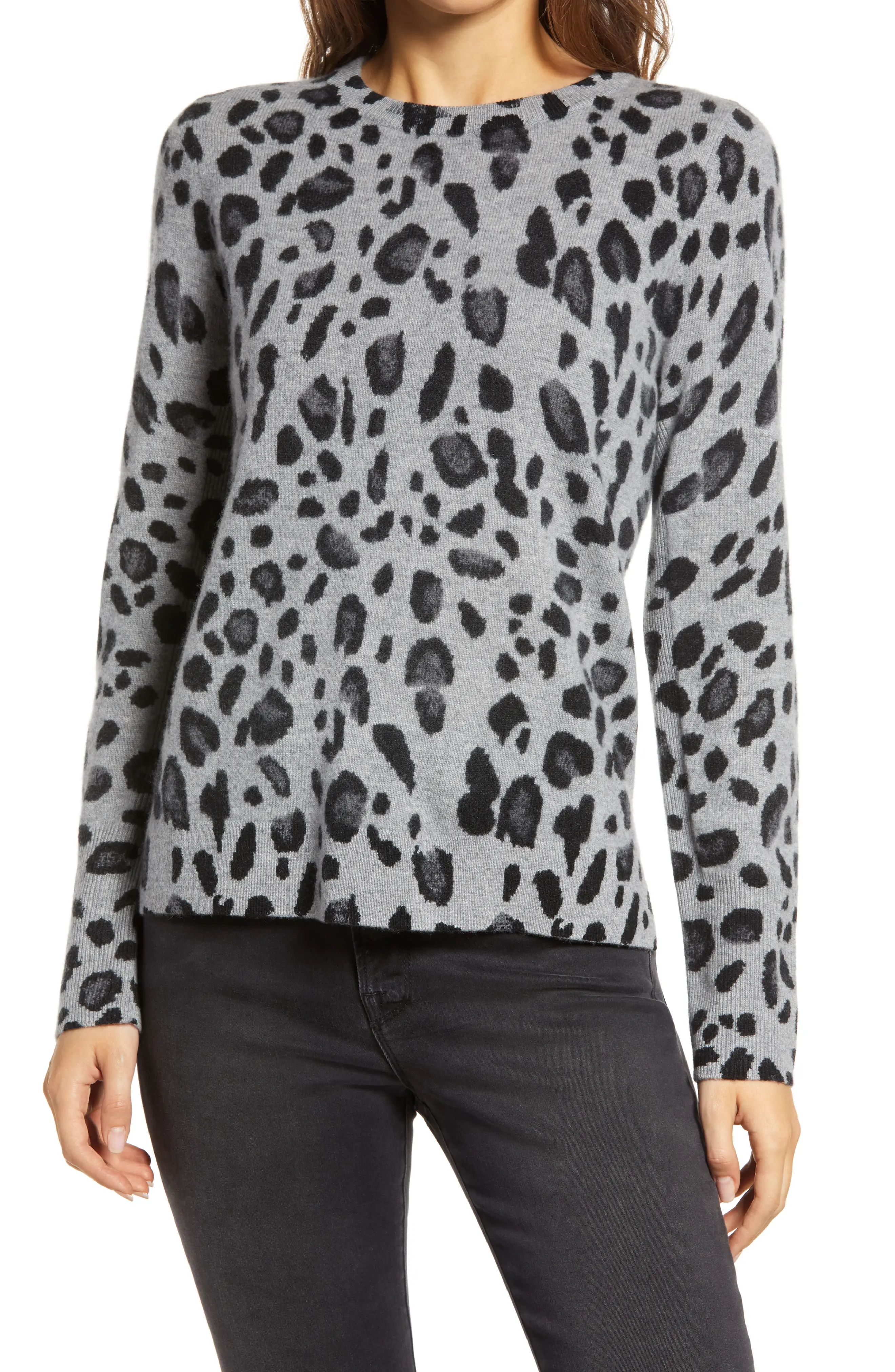 Women's Halogen Leopard Cashmere Sweater, Size Large - Grey | Nordstrom